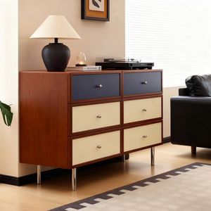 Vintage Bauhaus Style Color Blocked Six Drawer <b>Chest</b> Solid Wood Storage Cabinet For Living Room Bedroom <b>Small</b> Apartment - Product Image 3