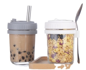 Bocal à <span class=keywords><strong>yaourt</strong></span> carré en verre de 350ml avec bouchon à vis avec couvercle <span class=keywords><strong>et</strong></span> cuillère pour l'<span class=keywords><strong>avoine</strong></span> de nuit pour les collations à emporter - Product Image 1