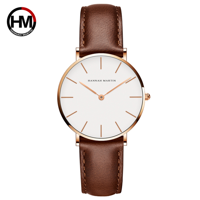 Hannah Martin Fashion Lady Watches Waterproof Wristwatch Leather Strap Thin Japan Quartz Movement SR626SW Watch Women