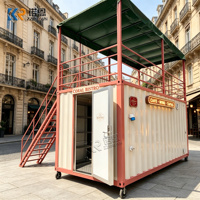Restaurant en conteneur avec terrasse au deuxième étage, escalier et garde-corps, cuisine commerciale extérieure personnalisée