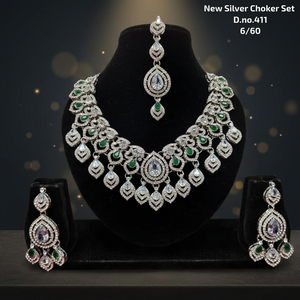 Indian Bridal Wedding Silver Plated CZ Choker Necklace <b>Set</b> Emerald Green White Cubic Zirconia Heavy Earrings Mang Tika High - Product Image 2