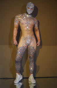 Body Entallado con Tocados de Pedrería y Cristales <span class=keywords><strong>Nude</strong></span> Brillantes para Hombre Traje de Stripper para Club de Pole Dance y Actuaciones Escénicas - Product Image 2