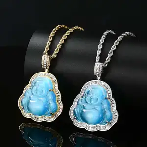 Mens Hot Sale Diamond Jade Laughing Gold Plated Jewelry Iced Out Green Buddha Pendant