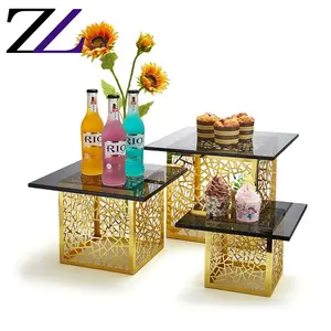 Golden stainless steel buffet decoration black dessert cupcake plates stand set afternoon high tea tools square cake stand