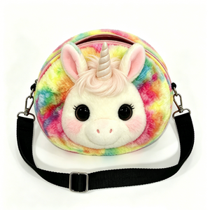 Bolso bandolera de peluche con cara de unicornio colorido y personalizado, bolso cruzado de peluche de unicornio redondo y peludo, peluche de animal unicornio multicolor. - Product Image 1