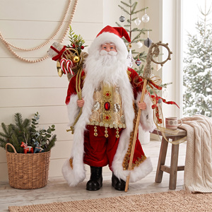 Red Gold Sequin Vest Santa Claus Statue Standing Noel Doll with Candy Cane <b>Sack</b> for Store Display - Product Image 1