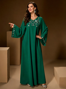 LEDUO Customized Elegant Luxury Women Crystal <b>Flare</b> Sleeve Green Muslim Daily Dress - Product Image 2