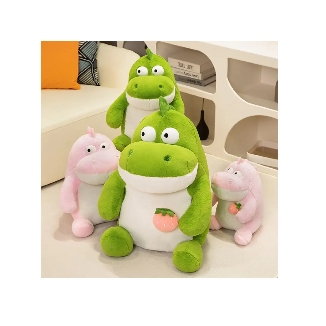 Gran oferta, muñeco de peluche de dinosaurio Rosa dulce con adornos de mesa de sofá de dormitorio de fresa, peluches de dinosaurio de peluche verde fresco