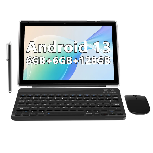 2 in 1 Tablet PC 10.1" Android 15 OS 6GB+6GB/128GB Real Storage IPS Screen Gaming Tablet PC with Keyboard for Business