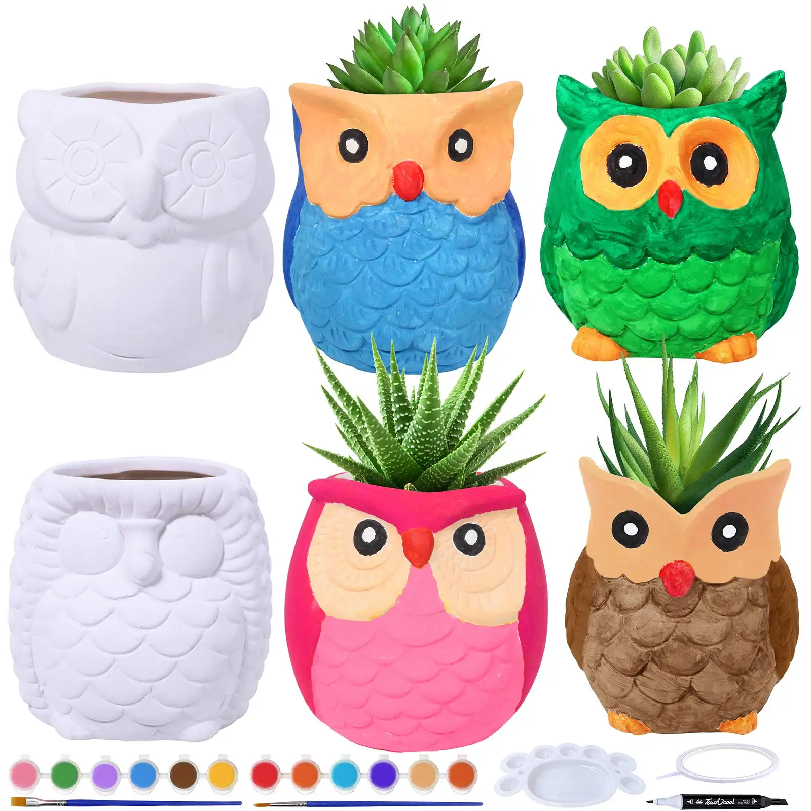 6 Pieces Each Set Owl Shape Owl Ceramic Pot For Flowers Planting With Pigments DIY Painting