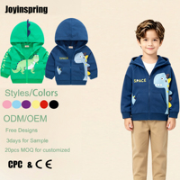 Veste à capuche zippée pour enfants, imprimé dinosaure, en coton spandex doux, style preppy, dessin animé, vêtement d'extérieur, personnalisable OEM, pour usage quotidien en extérieur, automne