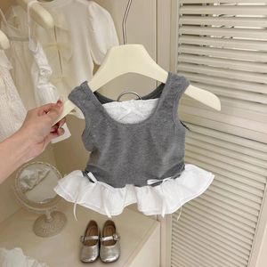 Girls Two Piece Set Gray Vest White Tulip Shorts Cotton Summer Outfit For Kids - Product Image 2
