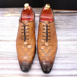 Luxurious Italian Oxford style handmade checkered print lace-up black-brown men's business custom Dress Shoes&Oxfords - Product Image 2