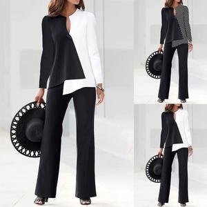 Conjunto Elegante de 2 Piezas para Mujer: Blusa de Manga Larga con Bloques de Color y Pantalones para Uso Profesional - Product Image 2