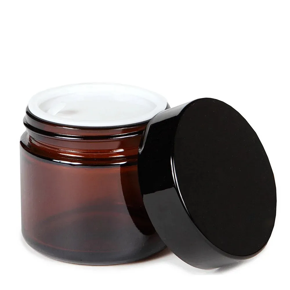 Recycelbares rundes bernsteinfarbenes Glas mit gerader Seite und schwarzem Kunststoffdeckel und Innenfutter für Sahne Salbe hausgemachte Lotion Kosmetik