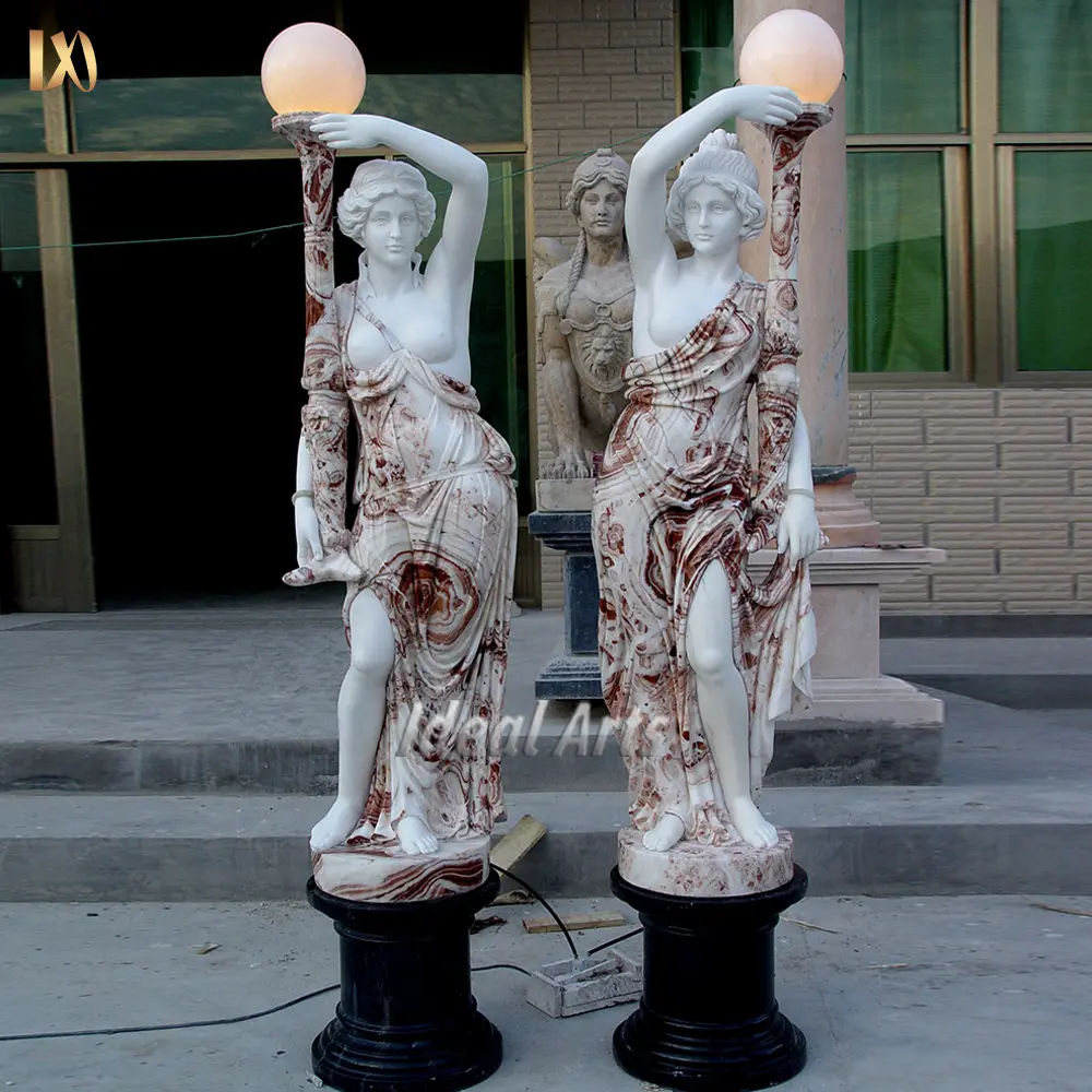 Escultura de dama de piedra Natural de jardín personalizada de fábrica con estatua de mármol de lámpara
