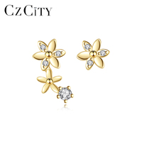 CZCITY 925 Sterling Silber Asymmetrische Blumen-Ohrstecker Vergoldet Kubische Zirkonia Blumen-Ohrringe Feiner Schmuck Geschenk für Frauen