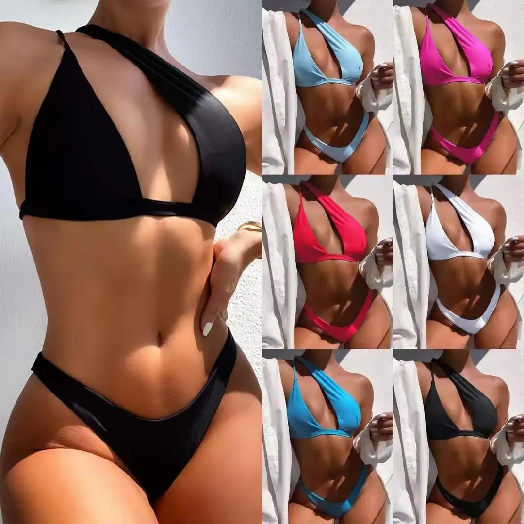 Popular Solid Color Sexy Three Point High Waist Swimsuit 2023 One Shoulder Bikinis &Amp Beachwear