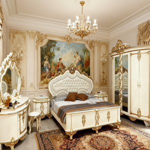 Современный спальный гарнитур из тикового дерева с резьбой, отделка бело-золотой, регулируемый размер, металлические кровати, мебель XUANFULI, модель M8028 - Product Image 1