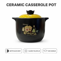 Casserole en céramique noire mate avec couvercle, décor doré jaune brillant, poignées décoratives, pot en grès, compatible four