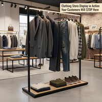 Présentoir à vêtements en métal LED avec base en bois, support de suspension pour boutique, présentoir de magasin de vêtements, équipement de showroom, personnalisable