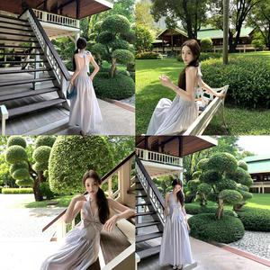 Vestido largo de pana con cuello halter y cuello en V a rayas francesas para mujer, transpirable, con lazo cruzado, corte en A, para verano, con lazo, cintura natural, ideal para club. - Product Image 4