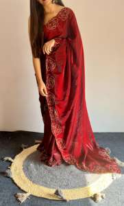 Impresionante Sari de seda espacial con trabajo cutdana en ambos bordes con un increíble trabajo de secuencia de 3 mm con borde de trabajo de corte - Product Image 4