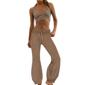 Women <b>Halter</b> Sports <b>Bra</b> Yoga Set Contrast Strap Two Piece Activewear Pants Outfit Wholesale Rate OEM Custom Cheap Price - Product Image 1