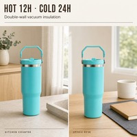 Bouteille isotherme en acier inoxydable de 30 oz avec couvercle à paille rabattable, anti-fuite, thermique, avec poignée de transport, thermos