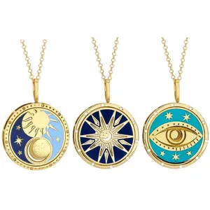 18K Gold Stainless Steel Waterproof Tarnish Free Jewelry Blue Enamel Star Moon Sun Pendant Turkish Devil Necklace