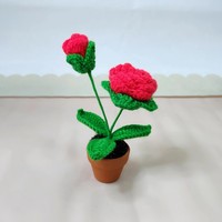 Bunga Mawar Rajutan Tangan dari Wol, Pot Kecil, Hiasan Bunga Buatan, Bunga Palsu, Tanaman Hijau Buatan, Mawar Buatan Tangan