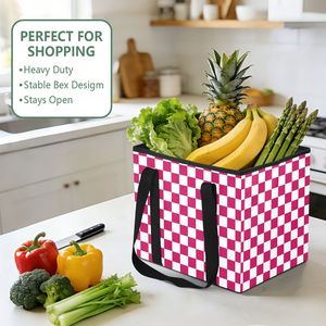 Custom Printed Pink Plaid Picnic Travel Storage Box Shopping Tote <b>Bag</b> Heavy Duty <b>Reusable</b> Grocery <b>Bag</b> with Durable Handles - Product Image 5
