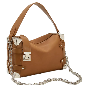 Crossbody Women's <b>Medium</b> Square PU <b>Handbag</b> Simple Unique Single Strap Metal Chain Zipper Polyester Lining Shoulder Bag - Product Image 1