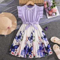 Robe d'été pour fille 2026, imprimé papillon violet et blanc, robe plissée patchwork pour petite fille