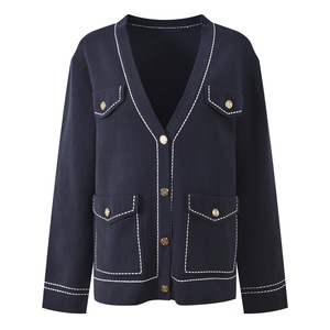 2025 ELEGANT Fall Winter Women's Knitted <strong>Cardigan</strong> Top with Bright <strong>Line</strong> Decoration V-Neck Single Breasted <strong>Long</strong> Sleeves - Product Image 1