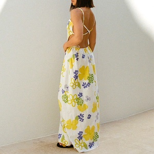 Summer Dress Factory Design Luxury Floral Print <b>Suspender</b> Dress OEM Rayon Smocked Ankle Length Dress - Product Image 3