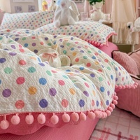 Parure de lit de luxe en coton doux double gaze 600TC avec pompons et imprimé pois de dessin animé, housse de couette, drap et taie d'oreiller