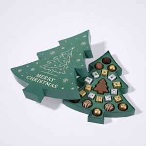 Boîte cadeau rigide en forme de sapin de Noël avec insert pour chocolats, emballage en carton recyclable pour cadeaux sucrés de Noël - Product Image 1