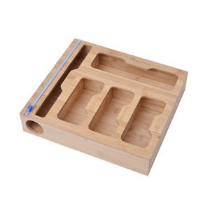 Hot Sale Bamboo Food Ziplock Bag and Plastic Wrap Foil Storage Organizer and Dispenser for Kitchen Drawer