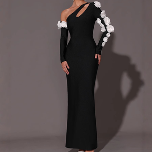 Vestido <span class=keywords><strong>de</strong></span> Fiesta Largo <span class=keywords><strong>de</strong></span> Gasa y Cachemira con Flores Blancas en 3D, Cuello Asimétrico, Cintura Natural, Silueta <span class=keywords><strong>de</strong></span> Sirena, Apliques Calados - Product Image 2