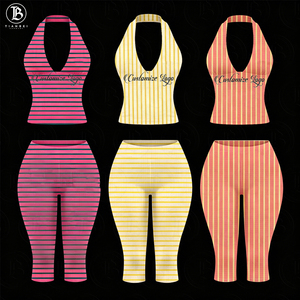 Completo da donna Y2K 2026 <span class=keywords><strong>con</strong></span> top corto a blocchi di colore a righe <span class=keywords><strong>con</strong></span> allacciatura all'americana e leggings capri, personalizzabile <span class=keywords><strong>con</strong></span> <span class=keywords><strong>logo</strong></span>, ideale per la palestra - Product Image 1