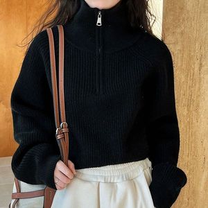 Kurzer, locker sitzender Pullover mit halboffenem Kragen und Reißverschluss, lässig, atmungsaktiv, aus Polyester-Strick, für kleine Größen, weich, Winter, Damen, einfarbig - Product Image 4