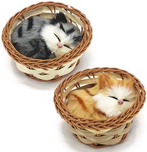 Chat endormi dans un panier, poupée, mini chaton dans un panier tissé avec des sons de miaulements, décoration pour le bureau, jouet cadeau, chat endormi mignon - Product Image 1