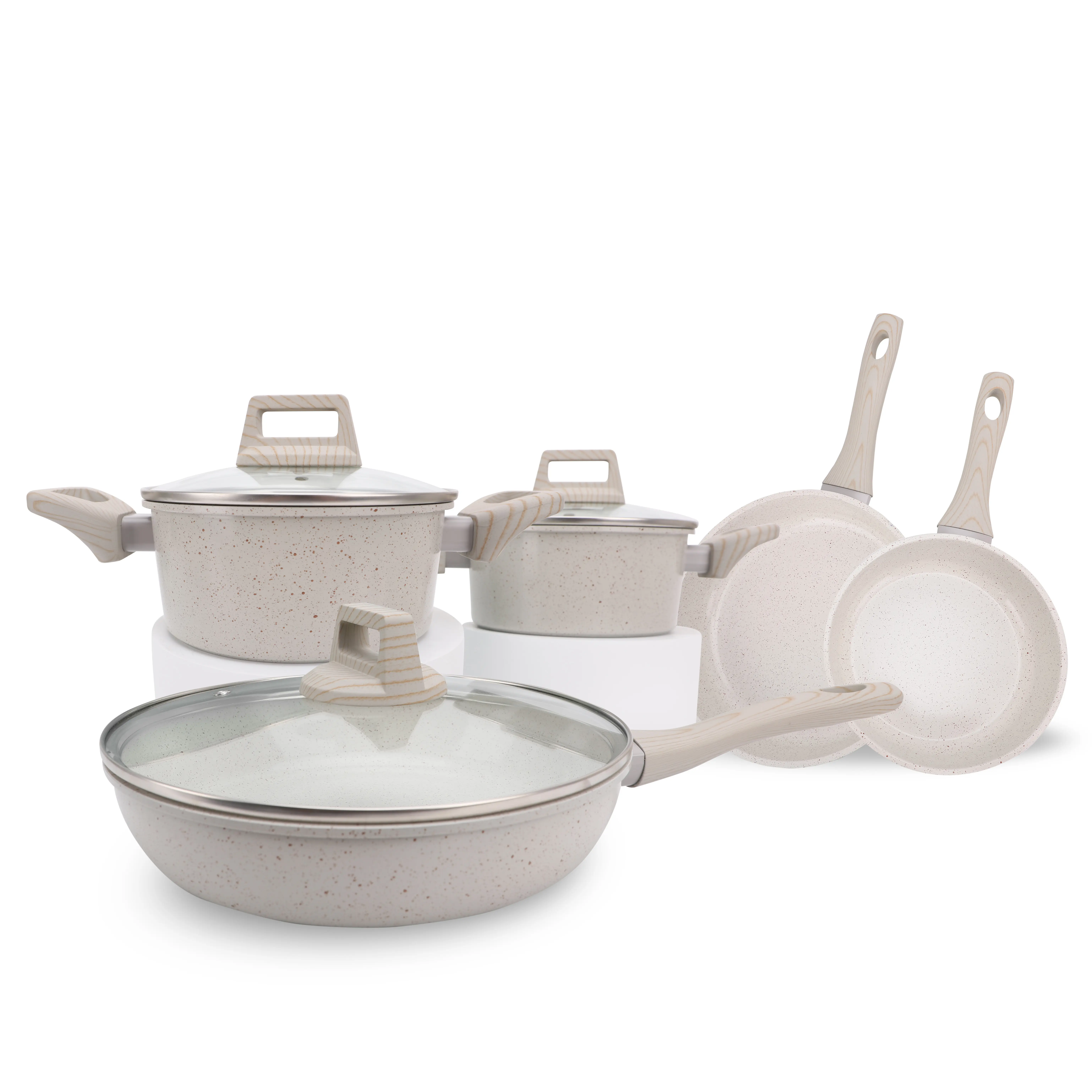 Set da cucina in ceramica antiaderente in granito bianco Beige con coperchio in vetro a vapore Stay-Cool manico