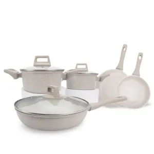 Ensemble de cuisson en céramique antiadhésive en granit blanc beige avec couvercle en verre Steamer Stay-Cool Handle