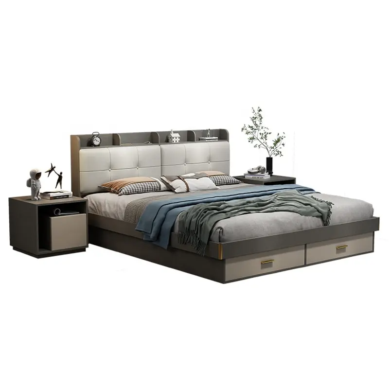 Lusso design moderno full size facoltativa camera da letto mobili economici scatola di legno letto in legno telaio king size letto matrimoniale