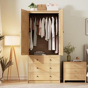 <span class=keywords><strong>Armoire</strong></span> penderie moderne en bois à 3 tiroirs, panneau surélevé, tringle de suspension, 2 portes, meuble de rangement pour vêtements, chambre à coucher - Product Image 2