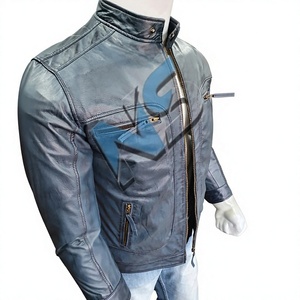Custom OEM Men's Slate Blue Genuine Leather Biker Jacket <b>Stand</b> Collar Zipper <b>Slim</b> Fit Front Logo Winter Motorcycle <b>Coat</b> - Product Image 3