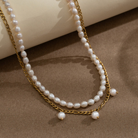 Collar Romántico de Acero Inoxidable con Baño PVD de 18K, Doble Capa, Perlas Barrocas Redondas, Zirconia, Diseño de Nudo y Cadena de Cable, Regalo