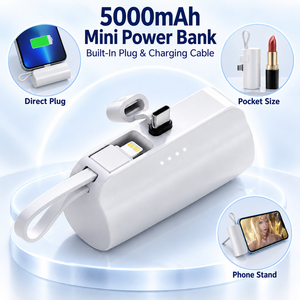 Chargeur portable compact 5000 mAh avec câble de charge intégré, alimentation 10 W, double port USB, support de téléphone pliable - Product Image 6